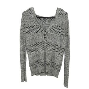 Y2K Open Knit Hoodie Sweater L Gray Boho Coastal Beach Sheer Layering Indie‎